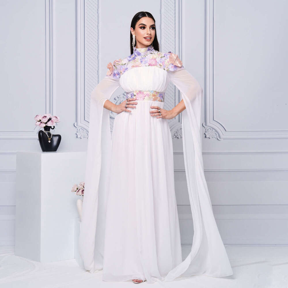 White Skirt Maxi Skirt High End Elegant High Neck Long Banquet Embroidered Evening Bridesmaid Waist Cinching Flared Dress For Women Long Skirt