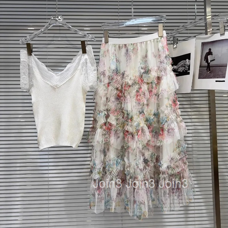 Two Piece Sets 2025 Womens Clothing Knitted Patchwork Lace Tops Ruffles Floral Sweet Skirt Outfits Fashion Korean Summer Suit