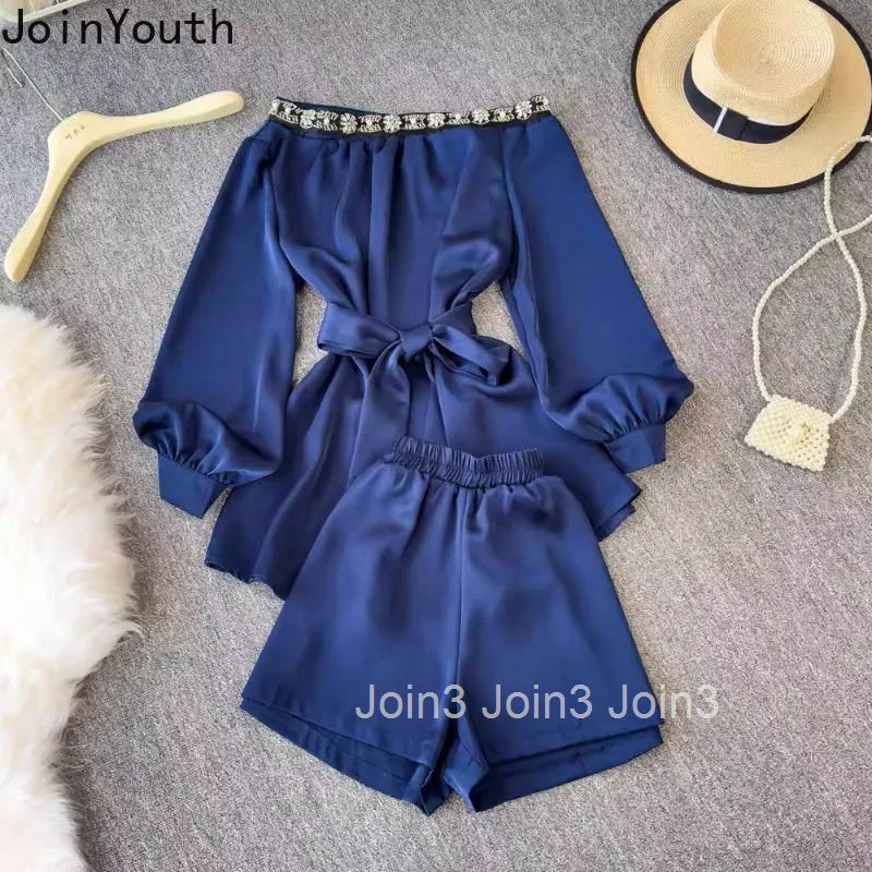 Shorts Suit Womens Clothing 2025 Two Piece Sets Diamond Slash Neck Bandage Tops Slim Fit Shorts Outfits Temperament Summer Set
