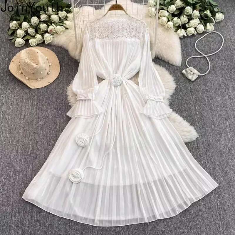 Vintage Robe Femme Pleated Dresses for Women 2025 Vestidos De Mujer Lace Hollow Out Flare Sleeve High Waist Big Swing Maxi Dress