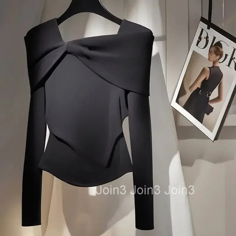 2025 Women Clothing Y2k Top Black T Shirts Square Collar Long Sleeve Tunic Tees Crop Tshirts Ropa Mujer Bow Temperament T-shirt
