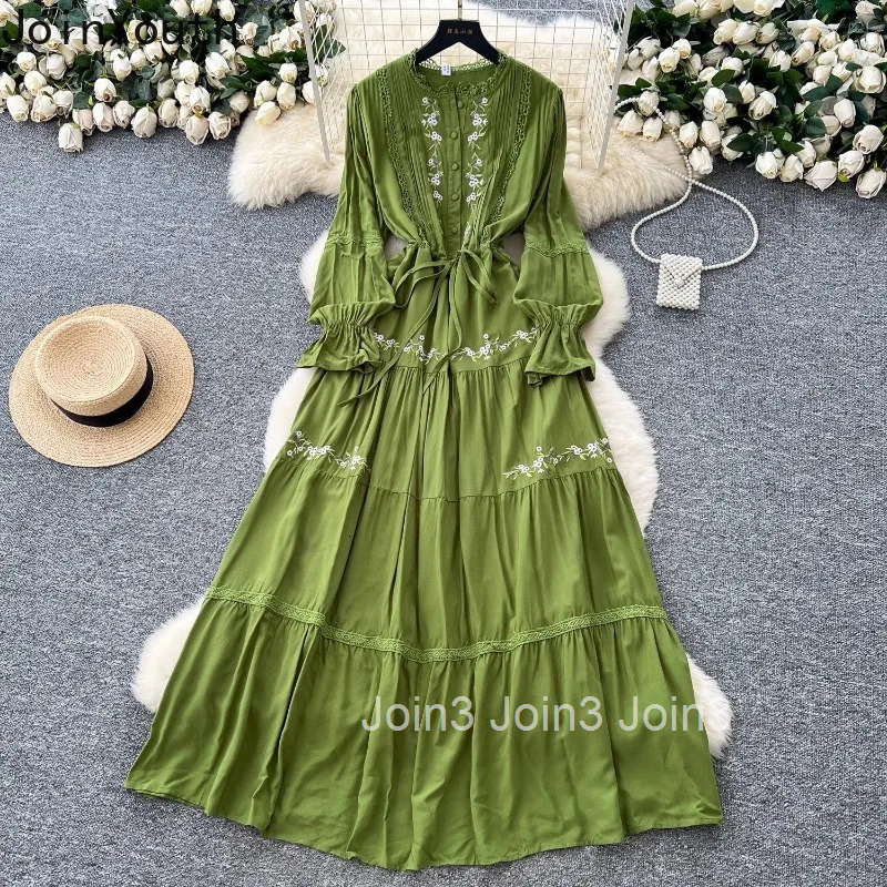 Vintage Dress Women Clothing Slim Waist Patchwork Lace Elegant Robe Femme 2025 Vestidos De Mujer Embroidery Summer Maxi Dresses
