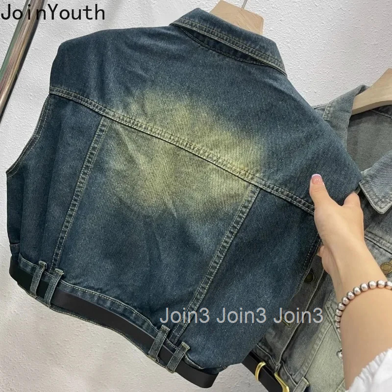 Vintage Sleeveless Women Denim Vest Jackets 2025 Ropa Mujer Fashion Streetwear Waistcoat Crop Tops Casual Fashion Tanks 7m017
