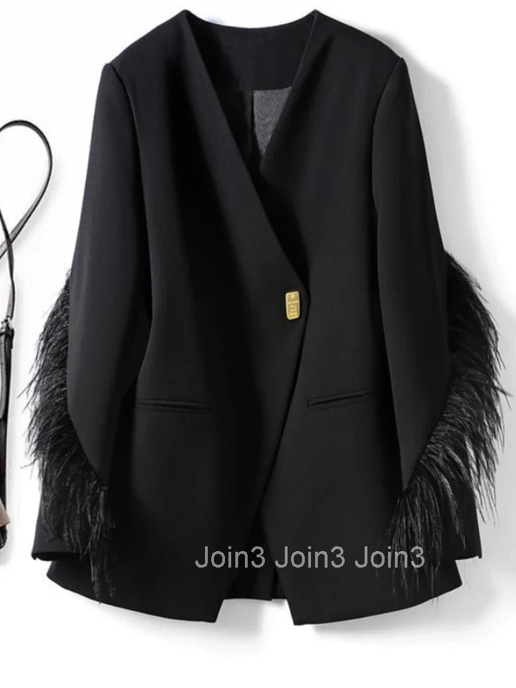 Temperament Lady Tops Streetwear Korean Oversized Jackets 2025 Ropa Mujer Fashion Outwear Patchwork Feather Casual Black Coats