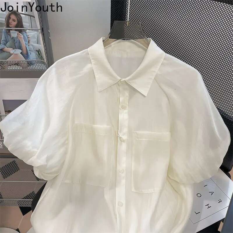 2025 Blusas De Mujer Chiffon Summer Blouses for Women Temperament Tops Loose Puff Sleeve Vintage Blouse Solid Color Chic Shirts