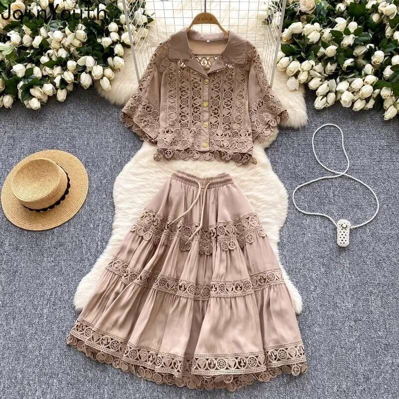 Skirt Suit 2 Piece Sets Women Outfits Short Sleeve Hollow Out Blouses Slim Waist Patchwork Lace A-line Skirts Set Summer Clothes