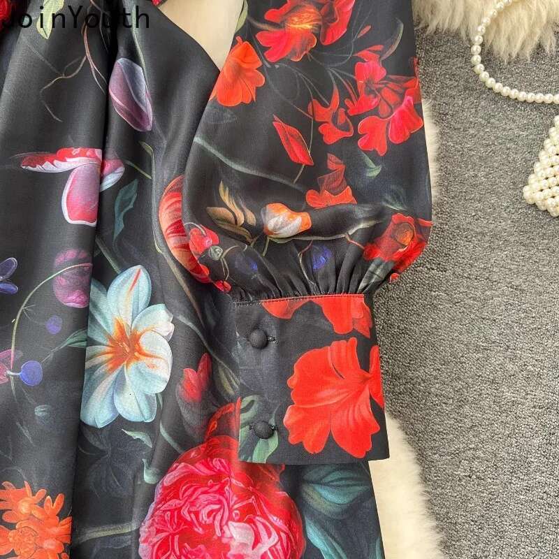 Maxi Dress Women Floral Single Breasted Big Swing Tunic Robe Femme Bandage Stand Vintage Summer Dresses 2025 Vestidos De Mujer