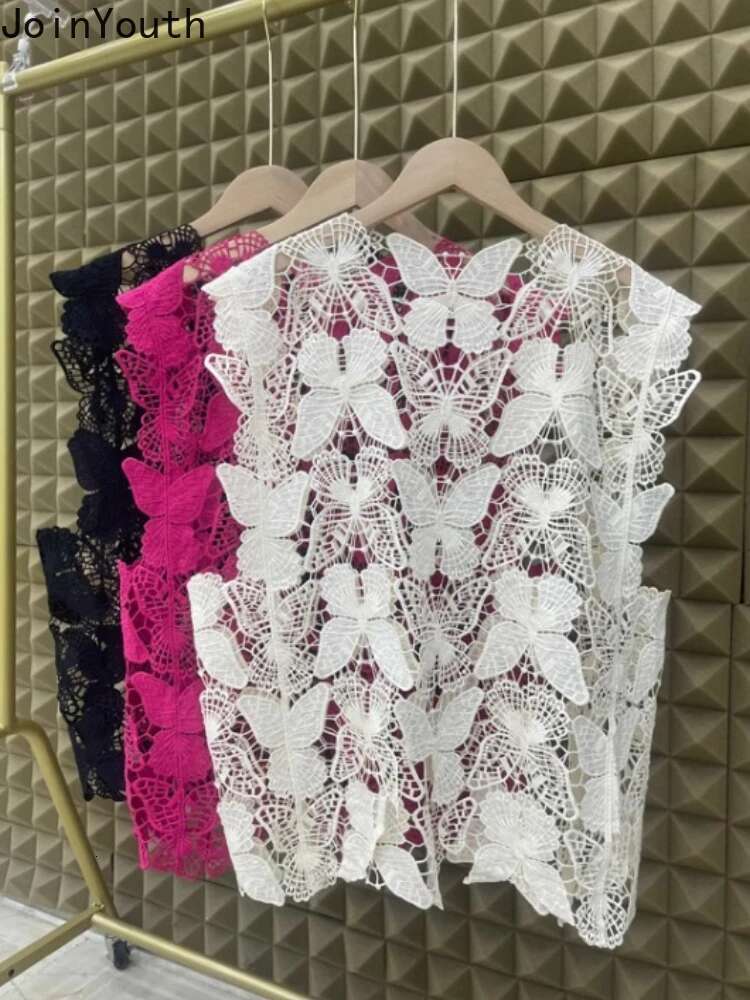 Sexy Vest Crop Tops 2025 Women Clothing Sleeveless Sweet Butterfly Embroidery Camis O-neck Hollow Out Summer See Through Tanks