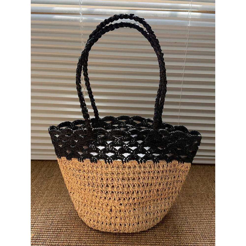 Fashion Lafite Straw Bucket Hollow Rattan Women Handbags Summer Beach Shoulder Crossbody Bag Casual Lady Large Tote