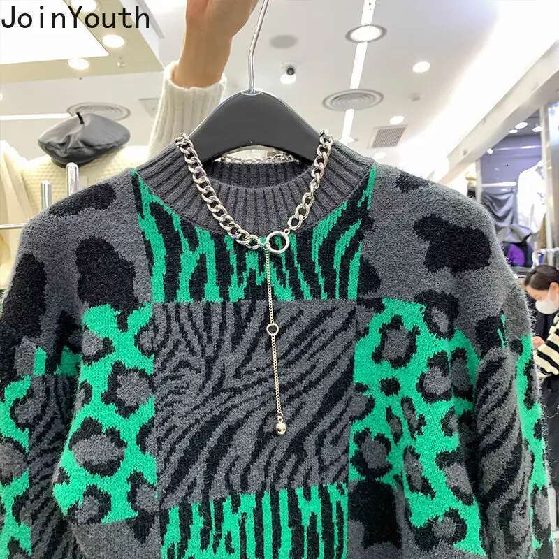 2025 Fall Clothing Pullovers Fashion Tops for Women Vintage Leopard Print Knit Sweaters Korean Loose Jumper Sueter De Mujer