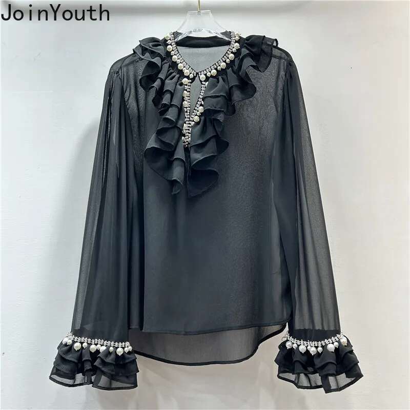 Temperament Lady Tops White Blouses for Women 2025 Camisas De Mujer Heavy Beading Hollow Out Ruffles Loose Chiffon Shirts 7p132