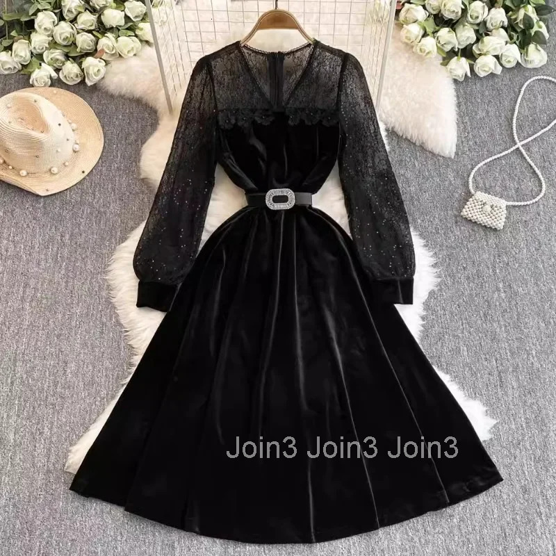 Vintage Dresses Autumn Women Clothing Patchwork Gauze Velvet Robe Femme 2025 Vestidos De Mujer V-neck Black Temperament Dress