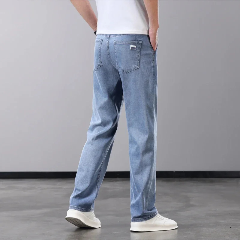 Summer Thin Mens Jeans Lyocell Fabric Soft Breathable Straight Denim Pants Man Elastic Ice Silk Casual Trousers Grey Blue 250616