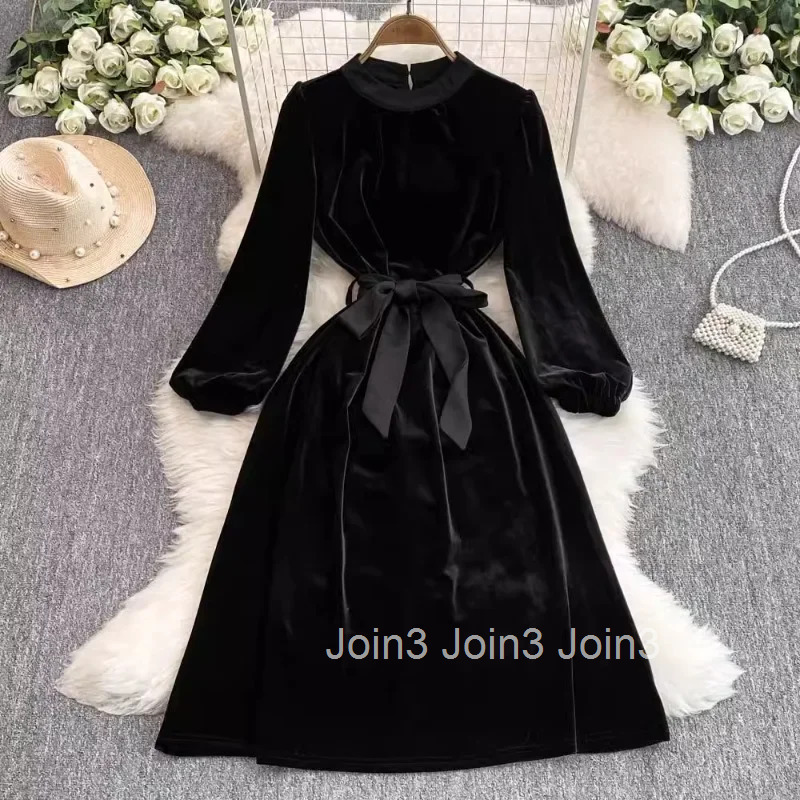 Oversized Dresses for Women Vintage Thicked Robe Femme Bandage Slim Waist Temperament Velvet Dress Chic 2025 Vestidos De Mujer