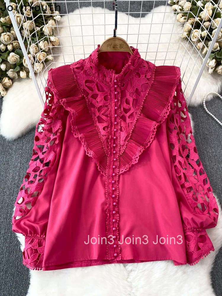 2025 Blusas Mujer De Moda Vintage Blouse Women Clothing Stand Neck Lantern Sleeve Loose Shirts Hollow Out Summer Blouses Tops