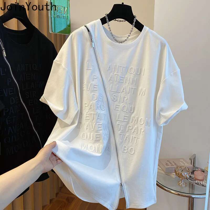 Streetwear Y2k Tops Summer T Shirts Women Clothing Short Sleeve O-neck Letter Tees Patchwork Zipper Embroidery Casual T-shirt