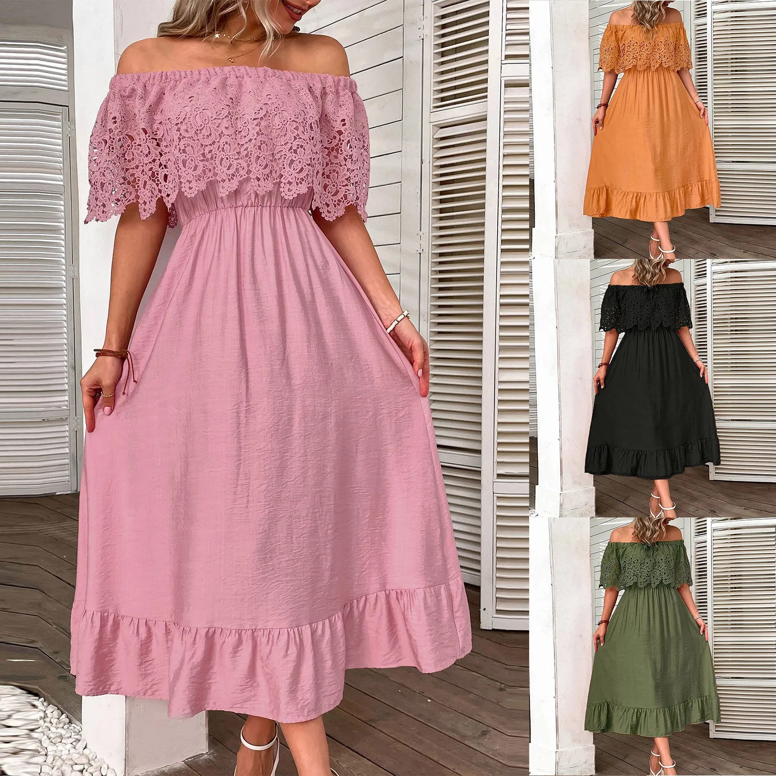 Womens elegant off shoulder long dresses with lace crochet sleeves Maxi ruffle hem summer sasual dress vacation sundresses 250616