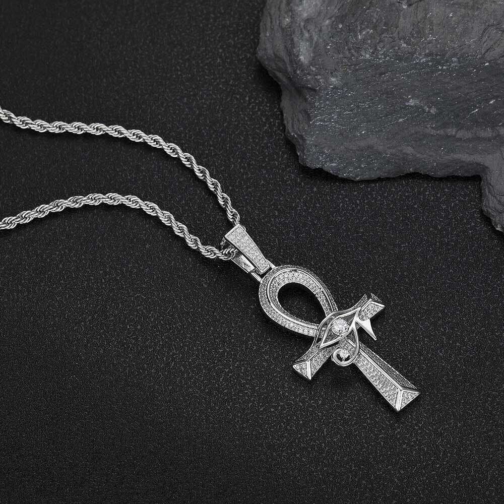 Hip Hop Eye of Horus Ankh Cross Pendant Micro Paved Zircon Personality Necklace Accessory 5e76