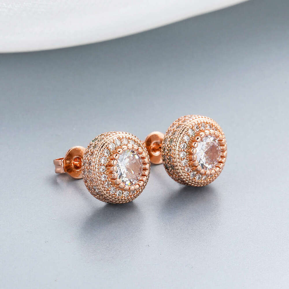 Round Full Zircon Stud Rose Gold Unisex High-end Trendy Hip Hop Earrings 9eac