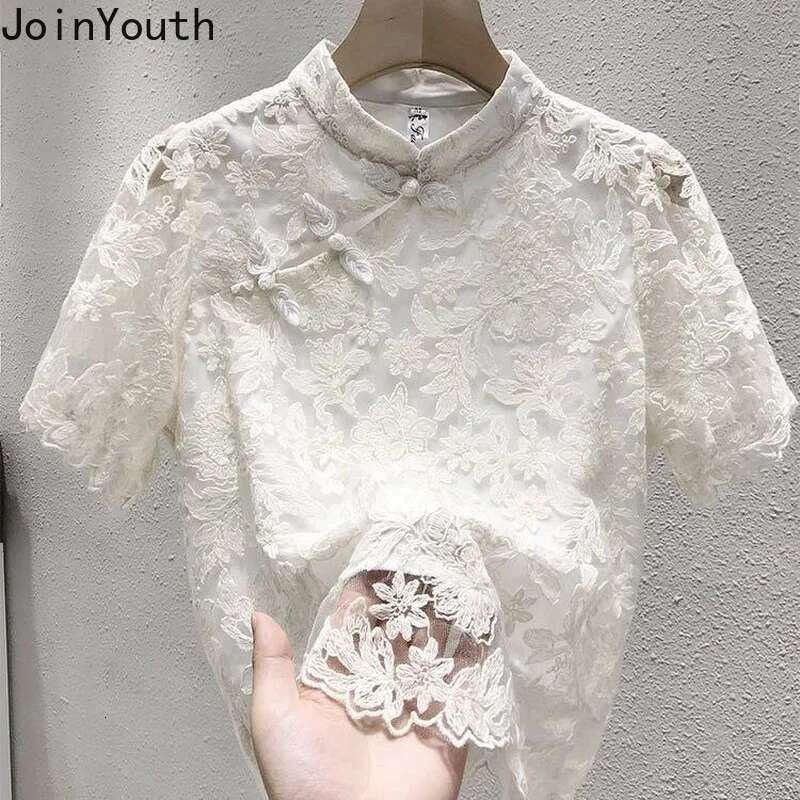 Chiffon Lace Blouse Women Short Sleeve Stand Neck Vintage Shirts 2025 Blusas Mujer De Moda Korean Summer Blouses Tops Femme