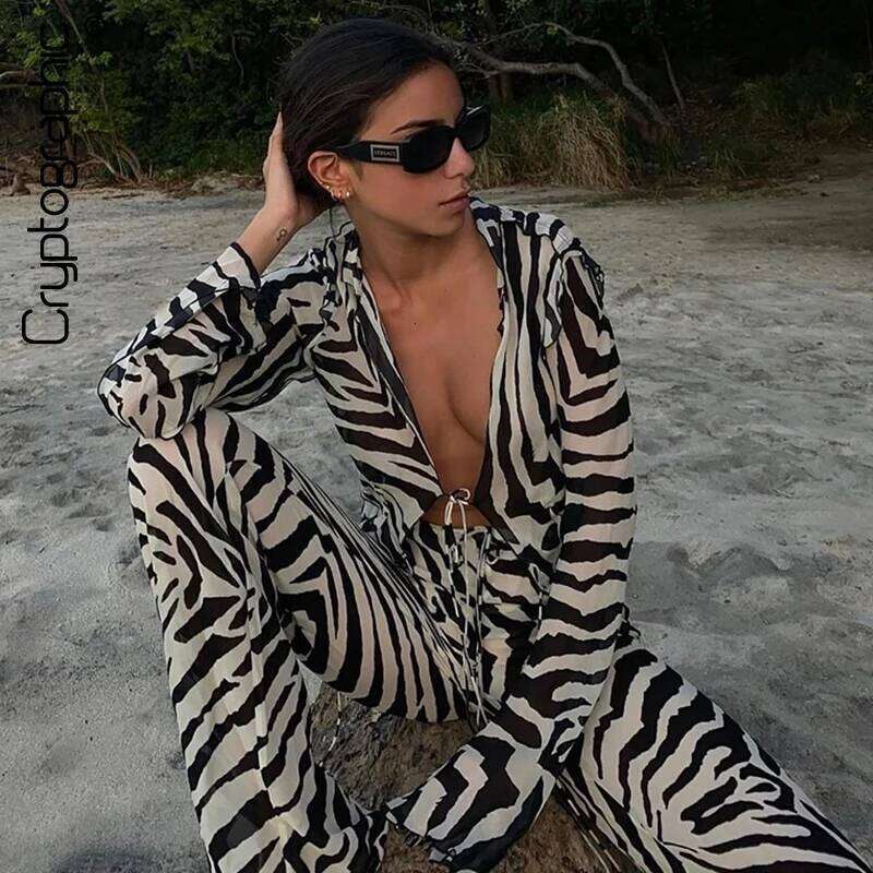 Cryptographic Animal Print Mesh Sheer Stripe Tie Front Detail Top Matching Fashion Outfits 2 Piece Sets Holiday Beachwear