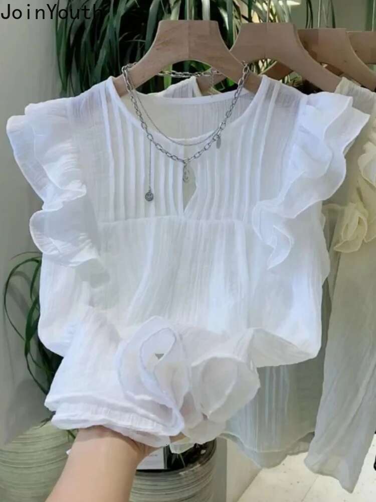 White Blouses for Women 2025 Blusas Mujer De Moda Sleeveless O-neck Loose Shirts Ruffles Loose Vintage Summer Blouse Tops Female