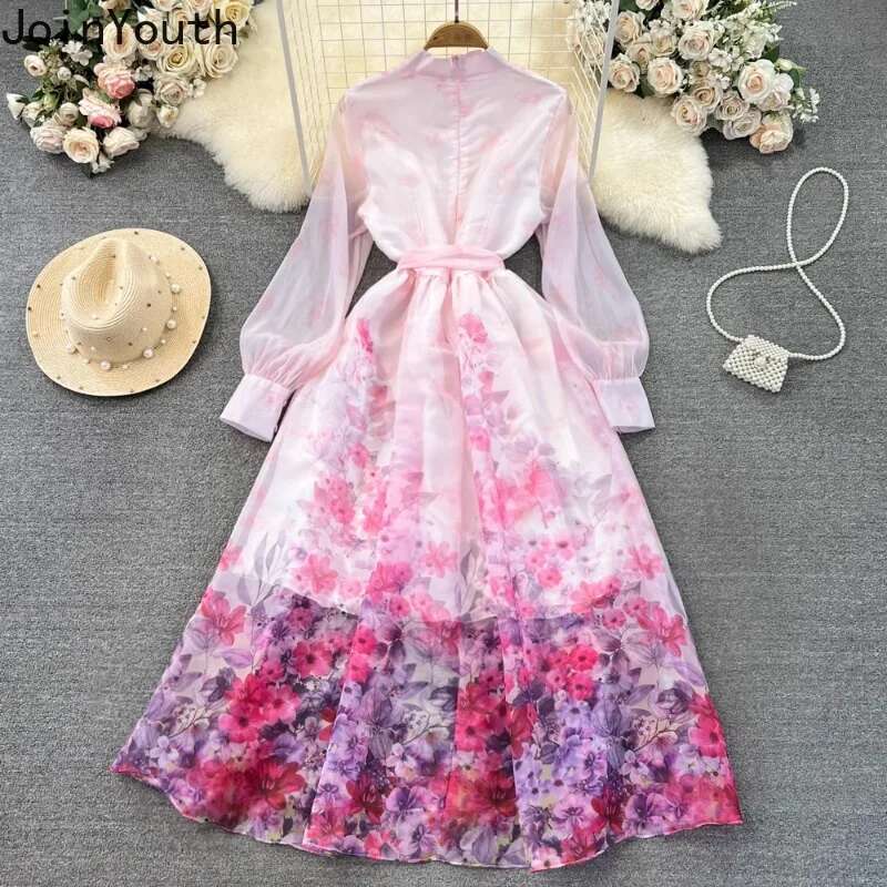 Vintage Dress for Women Lantern Sleeve Stand Neck Robe Femme 2025 Vestidos De Mujer Tunic Big Swing Summer Floral Maxi Dresses
