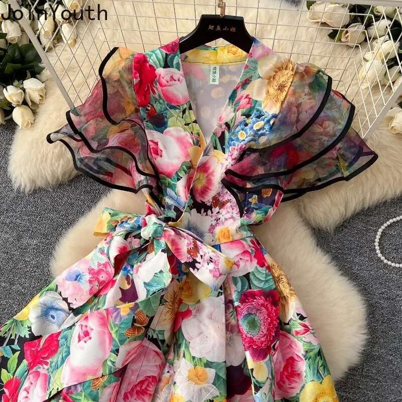 Elegant Woman Dress V-neck Bandage Tunic Robe Femme Women Clothing 2025 Vestidos De Mujer Floral Big Swing Gauze Summer Dresses