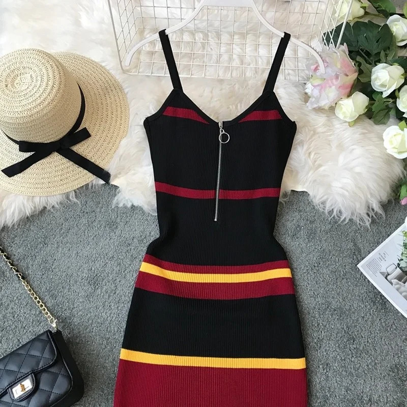 Women Sexy Knitted Dress Woman Dresses Colorblock High Waist ALine VNeck Sleeveless Patchwork Color Stripes Vestidos 250616