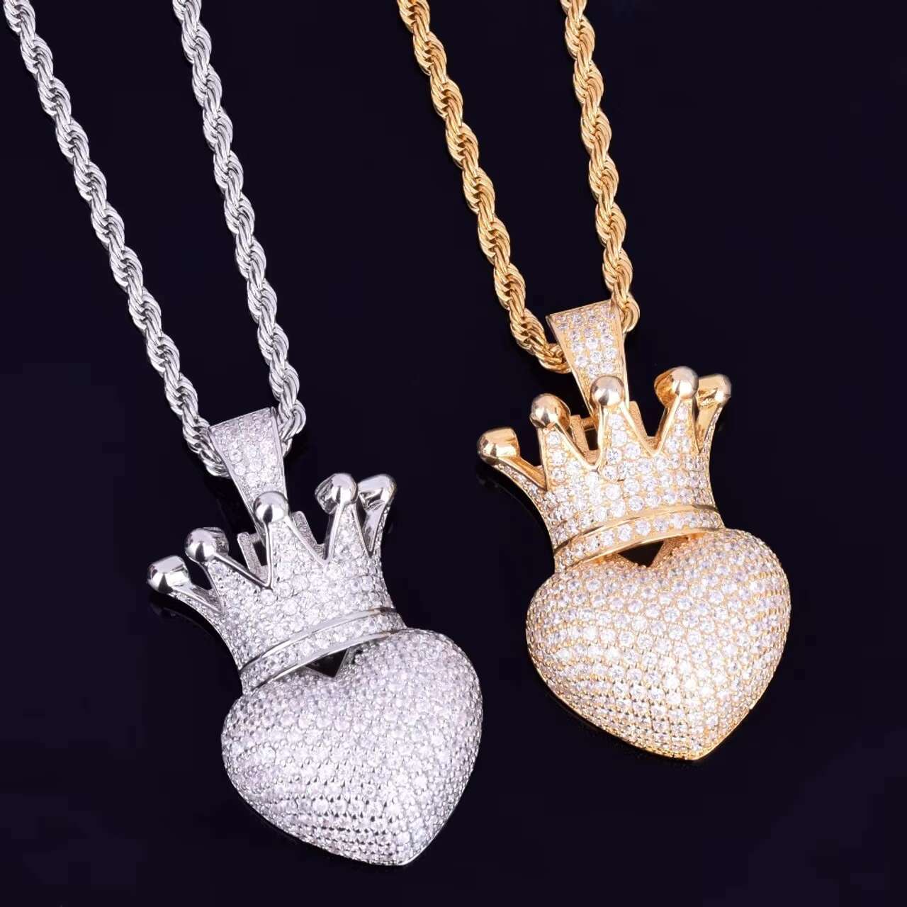 Luxury 18k Gold .925 Silver Iced Heart with Crown Pendant Hip Hop Style Moissanite Necklace Charms