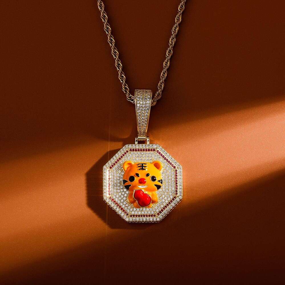 National Trend Hip-Hop Year Dragon Tiger Necklace Full Zircon Oil Painting Mini Zodiac Pendant Gold Jewelry