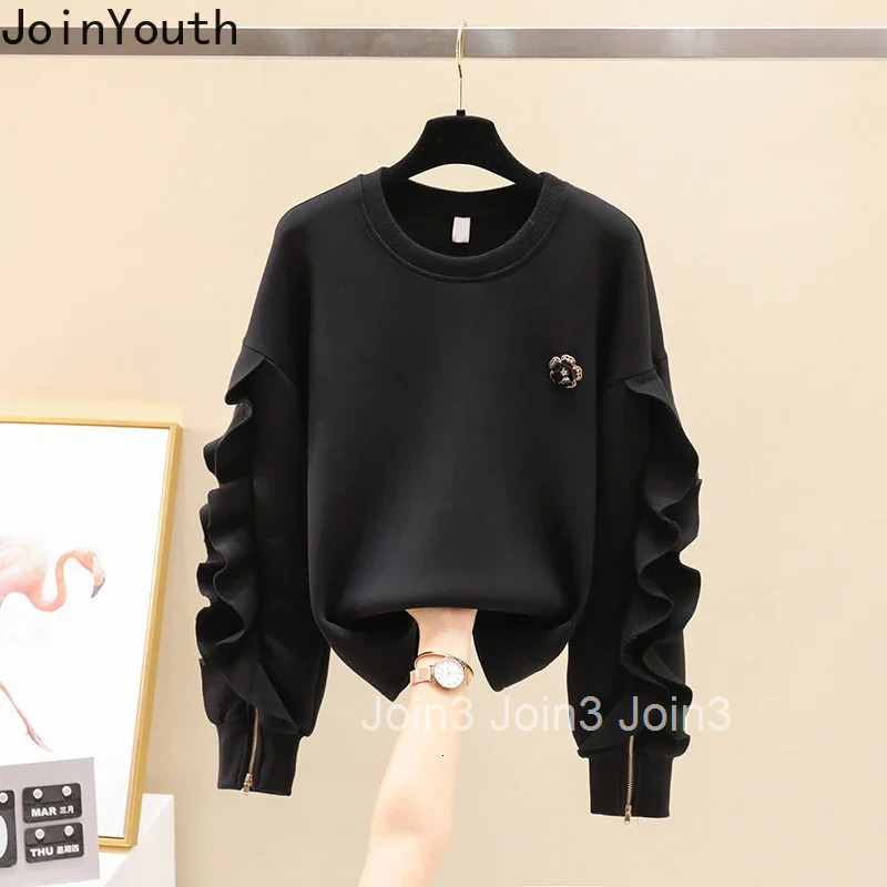 Joinyouth Clothes for Teens Korean Fashion Sweatshirts Women O-neck Ruffles Zipper Pullovers Tops Loose Casual Sweet Hoodies