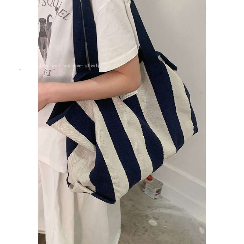 designer bag Korean Style Lazy Wind Underarm 2025 New Casual Striped Canvas Large Capacity Shoulder Shopping Bag
