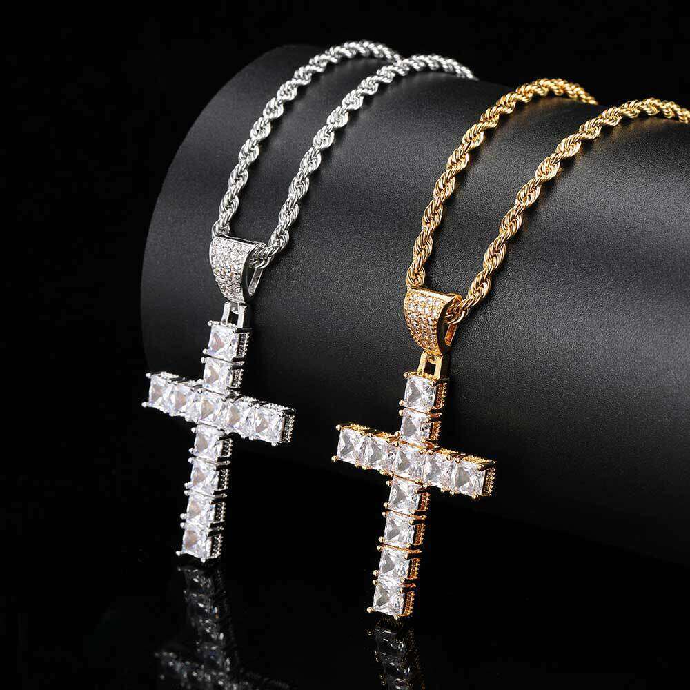 Square Zircon Cross Necklace Personality Hip-Hop Accessories Trendy Pendant 5526