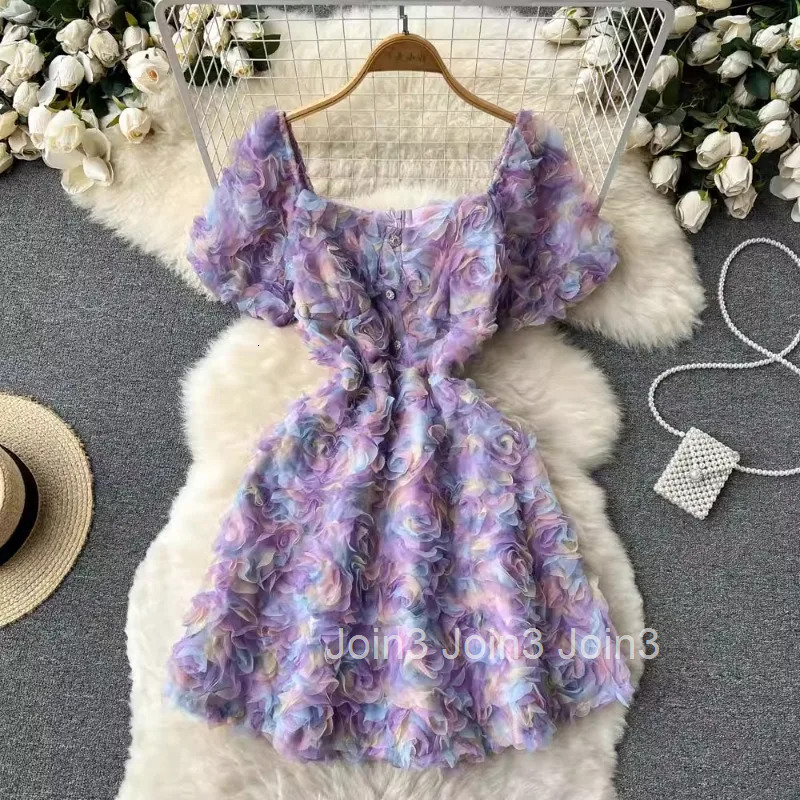 Woman Dress 2025 Vestidos De Mujer Puff Sleeve Square Collar A-line 3D Floral Temperament Robe Femme Sweet Summer Mini Dresses