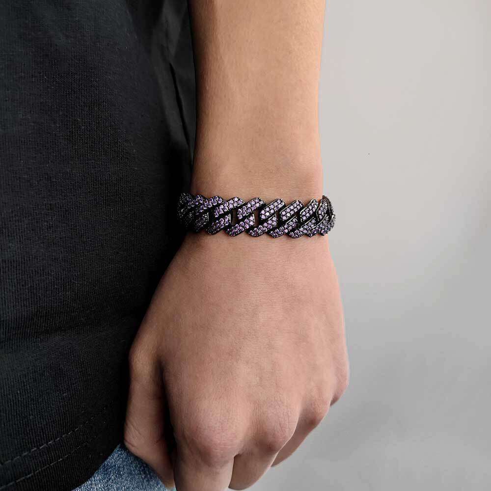 Hip Hop 15mm Double Row Zircon Purple Dia Cuban Trendy Brand Personality Men's Bracelet 9aed
