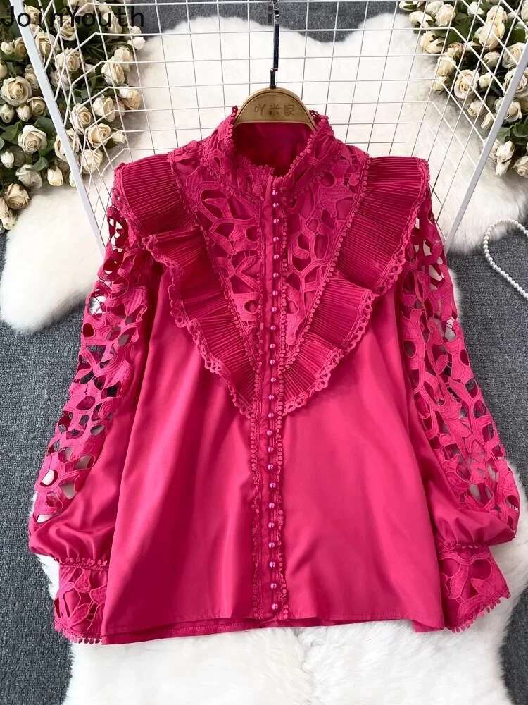 White Women Blouse 2025 Blusas Mujer De Moda Vintage Lantern Sleeve Patchwork Lace Hollow Out Shirts Fashion Korean Blouses Tops