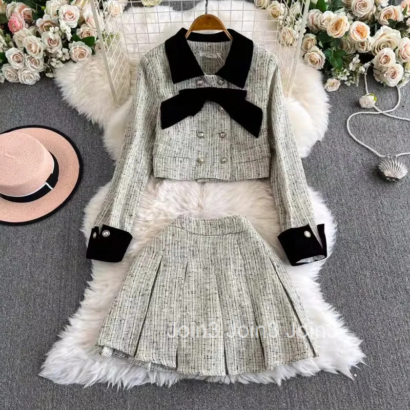 Skirt Outfits Vintage Womens Two Piece Sets Roupas Femme Double-breasted Bow Crop Coats High Waist Pleated Mini Skirts Suit