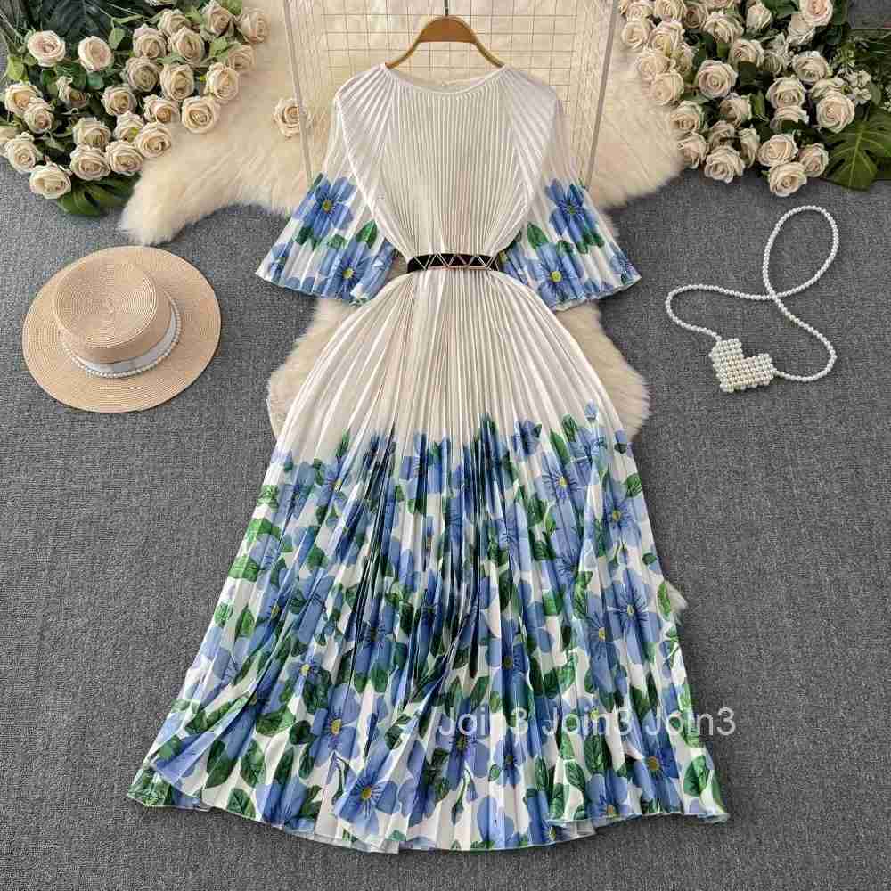 Vestido Femme O Neck Flare Sleeve Patchwork Summer Dress Pleated Belt Print Panelled Tunic Maxi Dresses Mujer Elegant Femme Robe