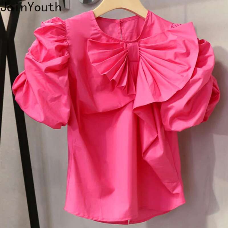 Vintage Camisas De Mujer O-neck Puff Sleeve Solid Color Blouse Womens Clothing Summer Sweet Shirts Fashion Korean Sweet Tops