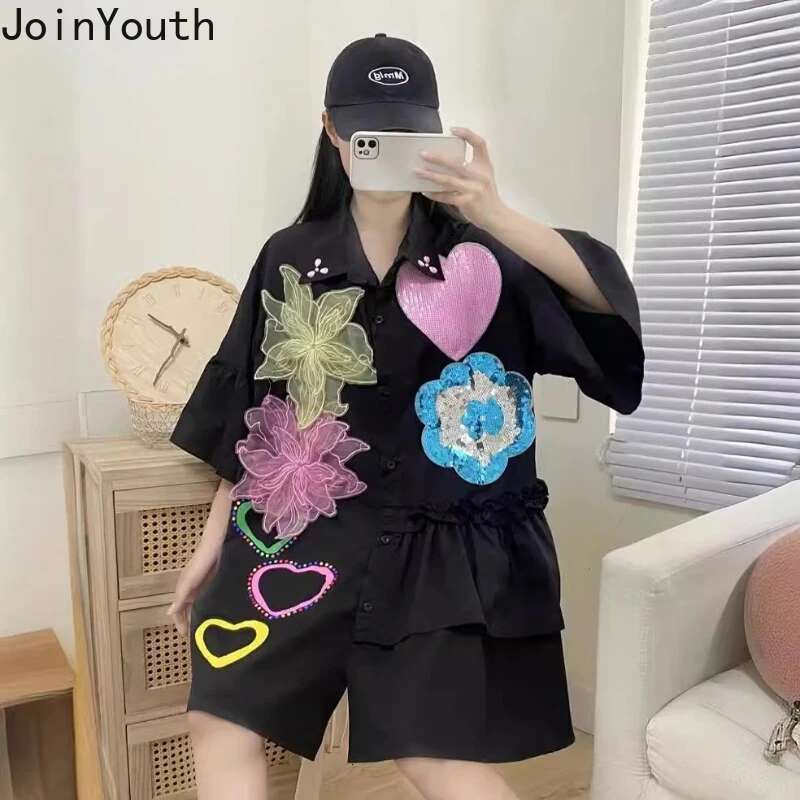 2025 Women Clothing White Blouses Fashion Heavy Sequin Floral Shirts Camisas De Mujer Fashion Casual Summer Loose Blouse Tops