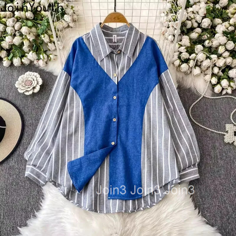 Korean Casual Shirts Women Clothing Patchwork Striped Long Sleeve Blouses Fashion Summer Loose Tops 2025 Blusas Mujer De Moda