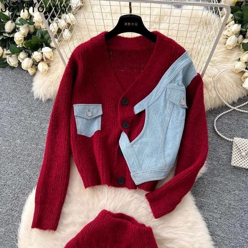 Korean Clothing Knitted Two Piece Sets for Women Patchwork Denim Cardigan Coat High Waist Bodycon Skirt Outfits Chic Casual Suit
