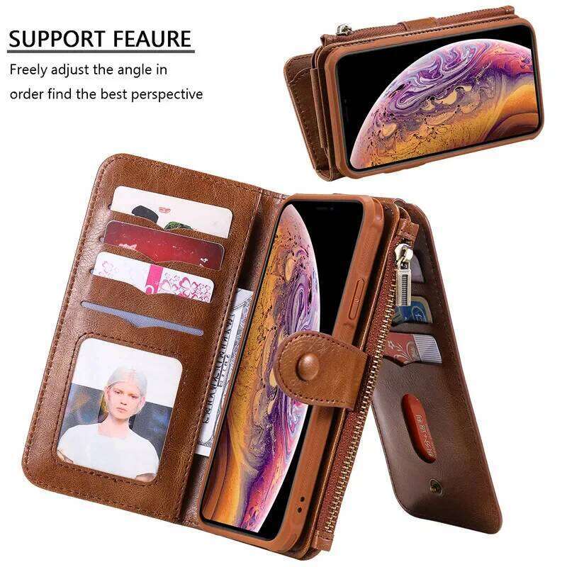 Detachable Magnetic Flip Leather Case for iPhone X XS XR 11 12 13 14 15 16 Pro Max 16E SE 2022 8 7 Plus Zipper Wallet Card Cover