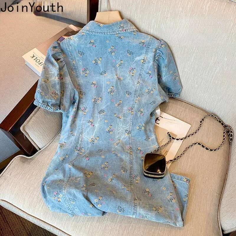 Floral Denim Dress Women Vintage Slim Fit Puff Sleeve Sweet Robe Femme 2025 Vestidos De Mujer V-neck Casual Chic Summer Dresses