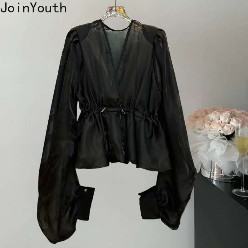 Women Clothing Summer Blouses Temperament Lady Tops Solid Color V-neck Lantern Sleeve Shirts Slim Waist Thin Camisas De Mujer