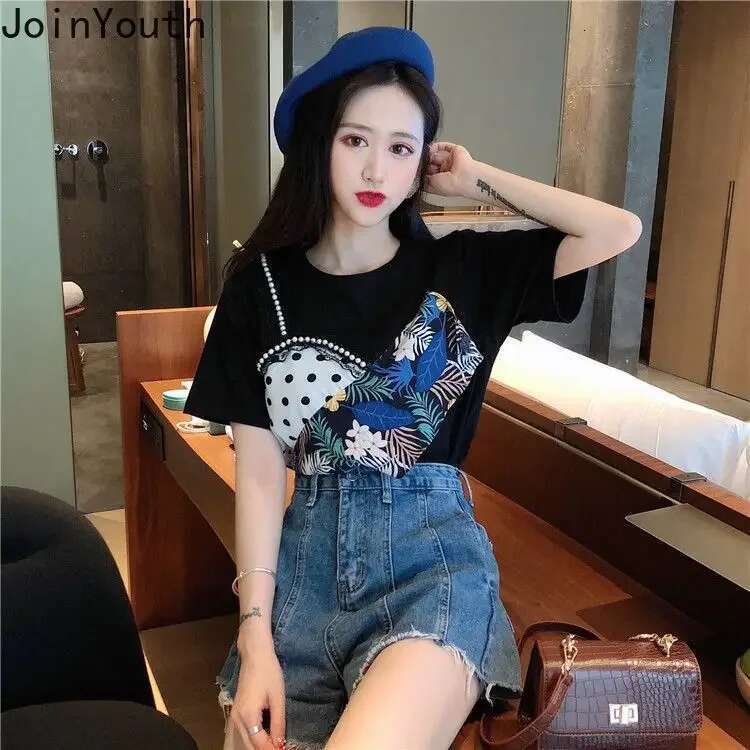 Contrast Color Tshirts for Women Summer Tees Fashion Korean Camisetas Print Beading Casual Tops Short Sleeve Loose Y2k T Shirt