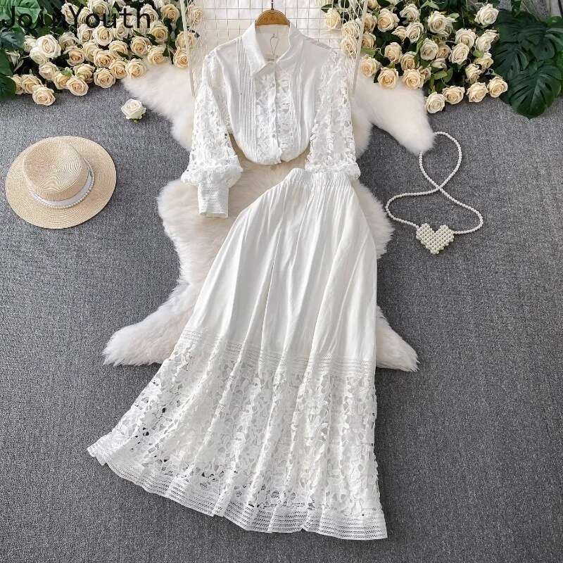 Skirt Sets Women Clothing Temperament Two Piece Set Patchwork Lace Blouses High Waist Hollow Out Long Skirts Suit Summer Outfits