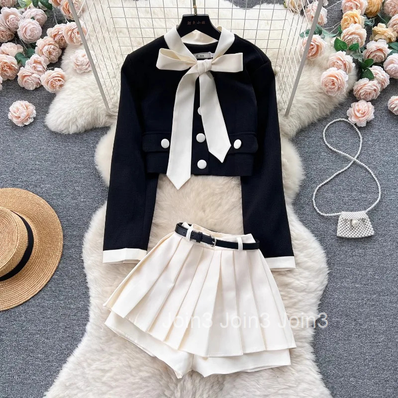 Women Clothing 2 Piece Skirt Set Roupas Femme Bandage V-neck Tunic Crop Tops High Waist Pleated Mini Skirts Outfits Fashion Suit