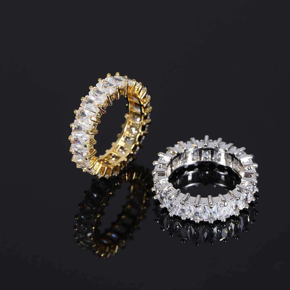 6mm Single Row T Square Zircon Real Gold Plated Personalized Design Hip Hop Unisex Couple Ring 6bd0